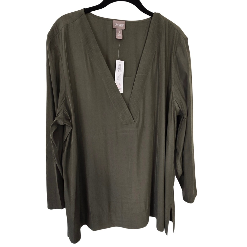 Chico's XL Sea Island Trapunto Stitch V-Neck Tunic Grape Leaf Green 3/4 Sleeve